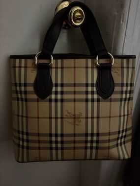 Burberry Beige Check Canvas Tote with Black Trim and Gold Hardware
